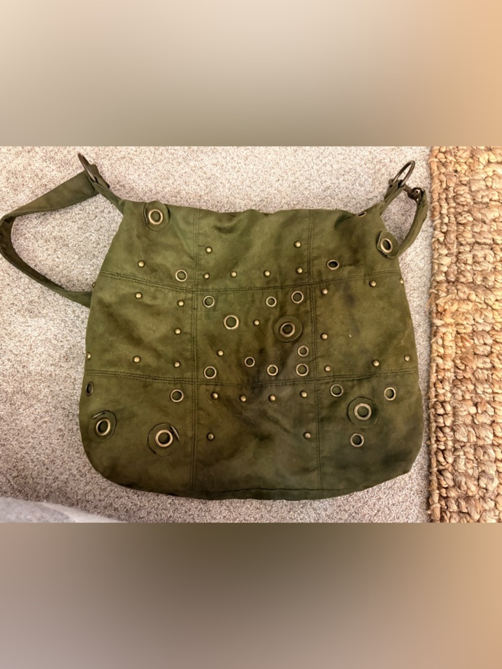 Olive Green Suede Studded Hobo Bag